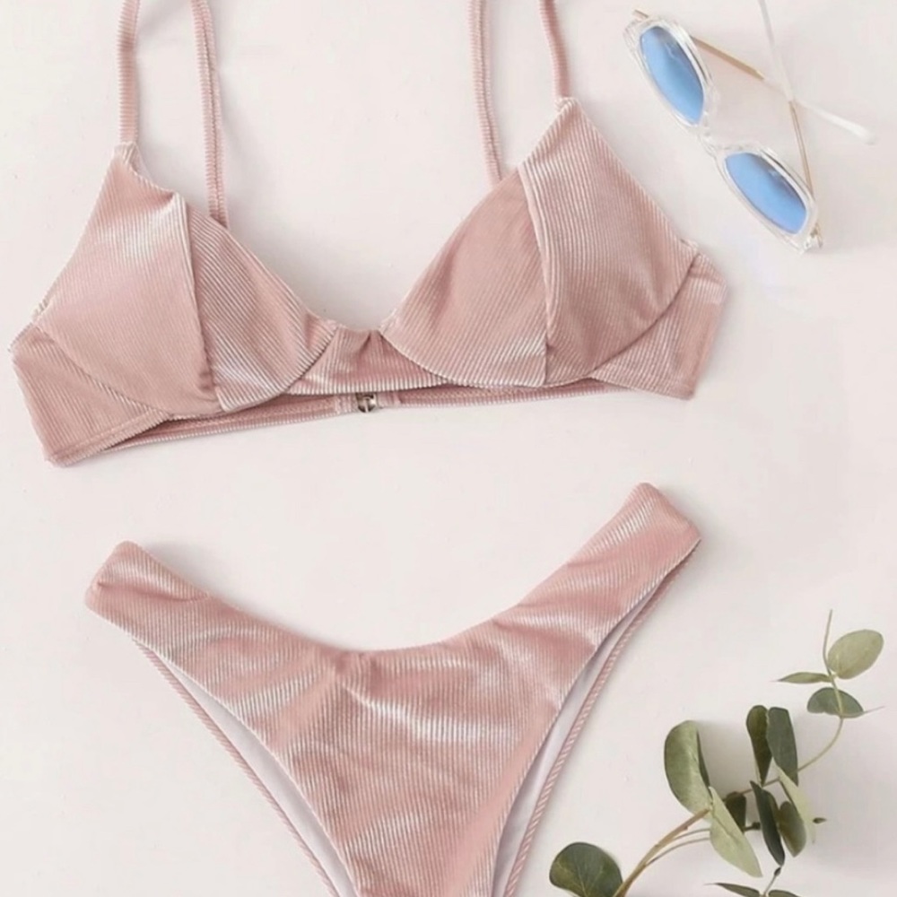 Ribbed velvet high waist pink bikini sz M